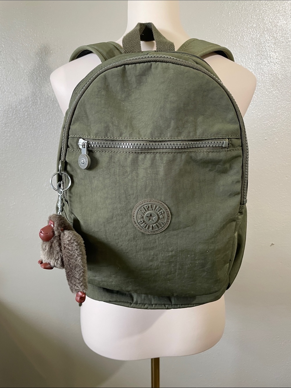 Mossy Green Backpack Organizer Lightweight Pockets Monkey Charm Kipling